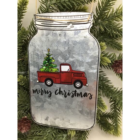 Red Truck Ornaments SetLarge Christmas Tree Galvanized Metal Mason Jar - Picture 3 of 3
